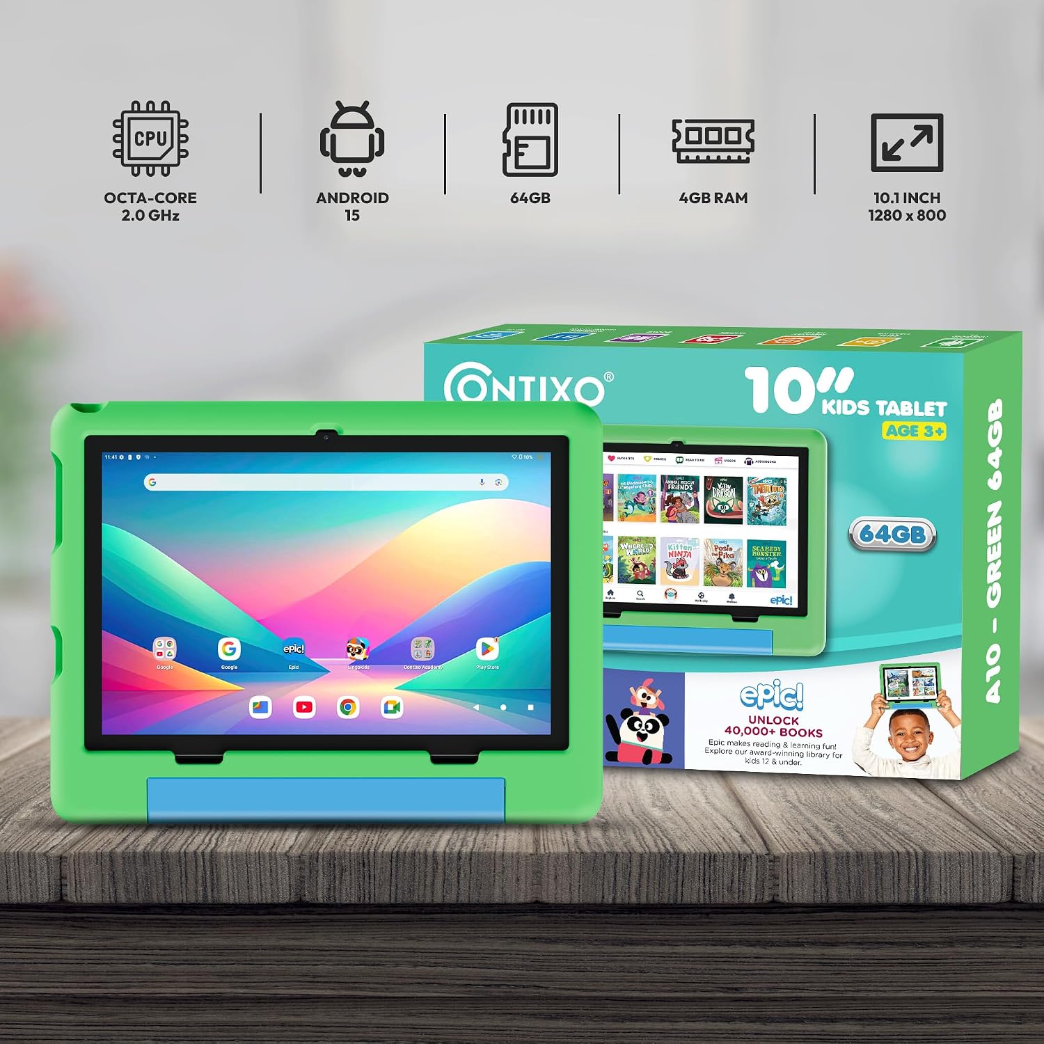 Contixo A10 Kids Tablet with 14 Apps, Lingokids & Epic, 10.1' HD Screen, Android 15, Parental Controls, WiFi, 4+64GB Storage, al Tablet for Kids Ages 3-12, Boys & Girls Gift, Green