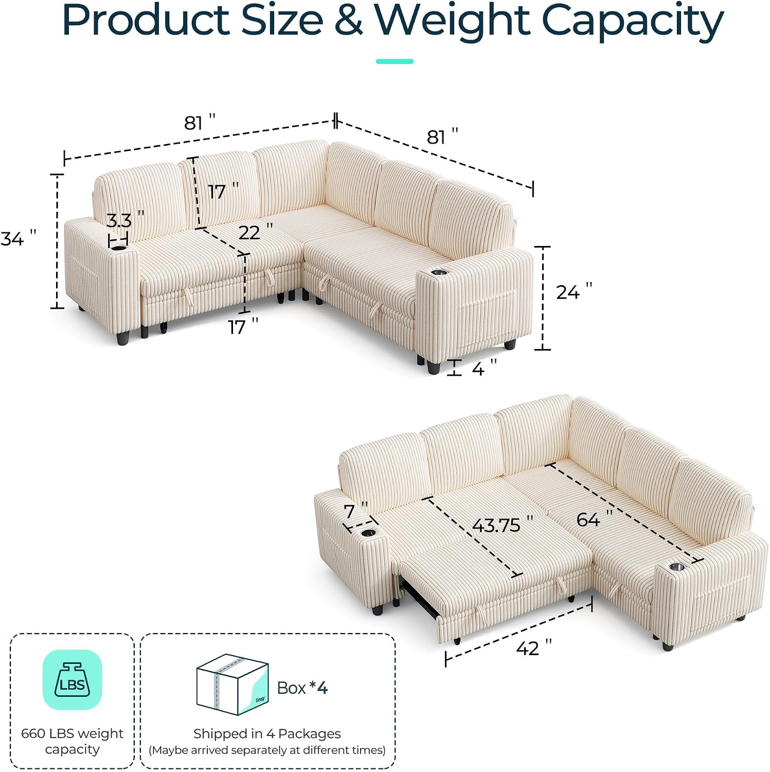LINSY HOME Sectional Sleeper Sofa with Pull Out Couch Bed for Living Room (Beige) | Plush Corduroy, Storage Ottoman, Storage Chaise, Pull Out Couch, USB Charging