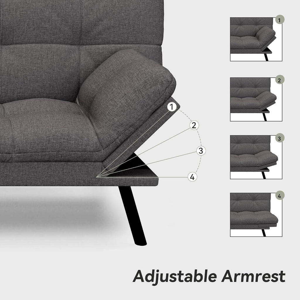 Convertible Futon Sofa Bed,Grey Linen Modern Futon Couch,Memory Foam Loveseat Sleeper Recliner,Detachable Cushion,Adjustable Backrest & Armrest,Couch for Living Room,Office,Apartment