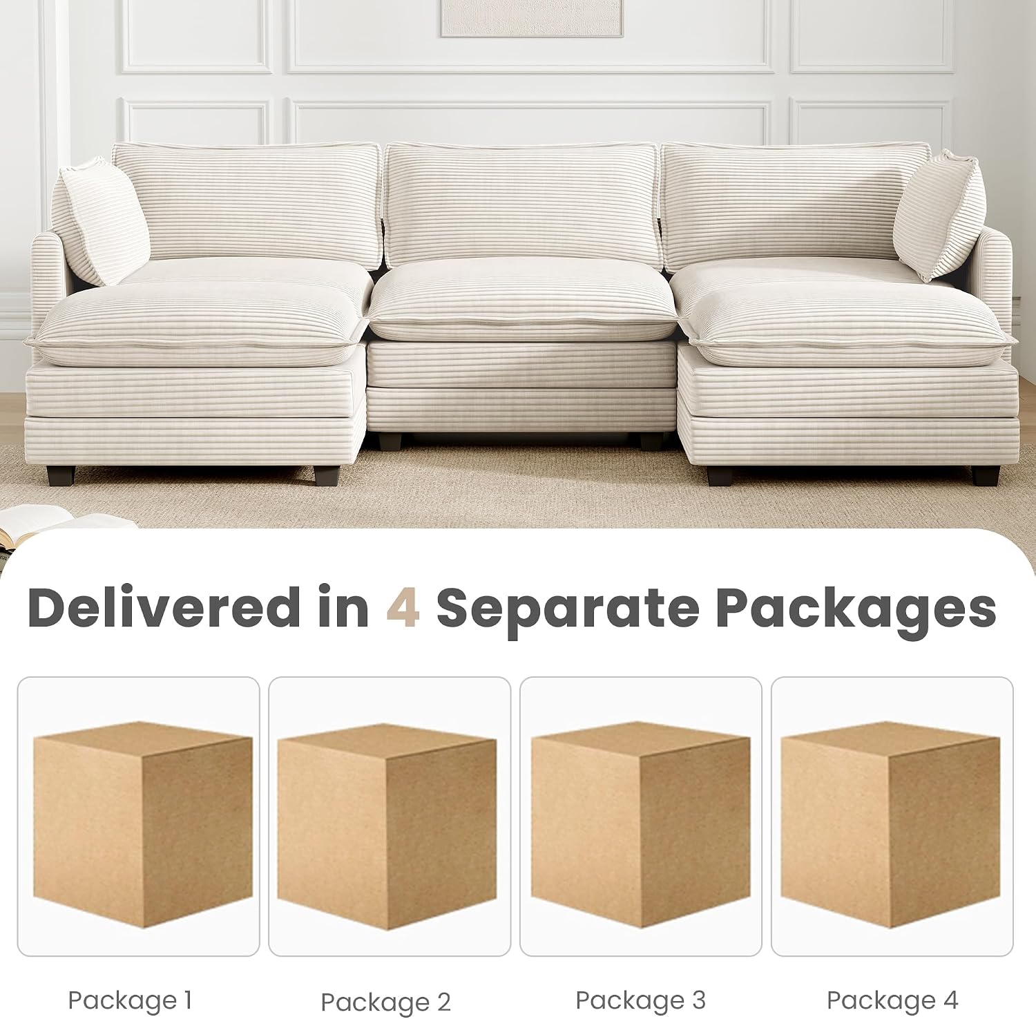 112'' Sectional Modular Cloud Couch, Oversized 5 Seat Couches U Shaped Sofa with 2 Movable Ottomans, 2 Throw Pillows, Upholstered Corduroy U Shape Comfy Deep Couches for Living Room and Office, Beige
