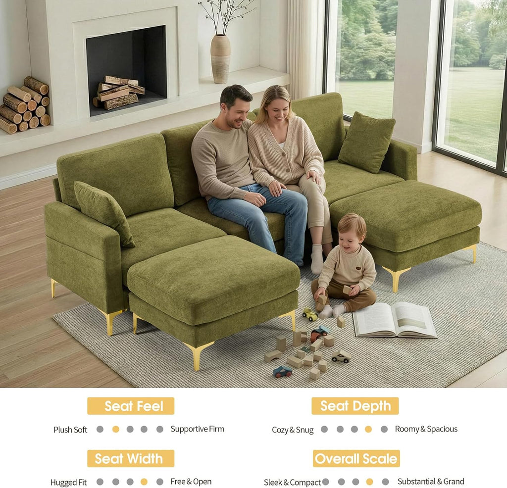 VINGLI 100' W U Shaped Couch with Ottoman, 22' Deep Seat Comfortable Sectional Couches for Living Room, 3 Seater Chenille Fabric Cloud Sofa for Apartment, Small Spaces, Bedroom, Green
