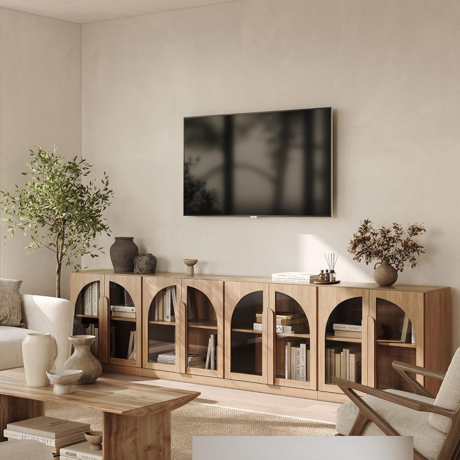 BELLEZE 4-Piece Modular TV Stand Set -Modern Entertainment Center with Arched Glass Doors,Sideboards with Adjustable Shelves&Wooden Handles,Classic Media Console Table Cabinet for Living Room (Camel)