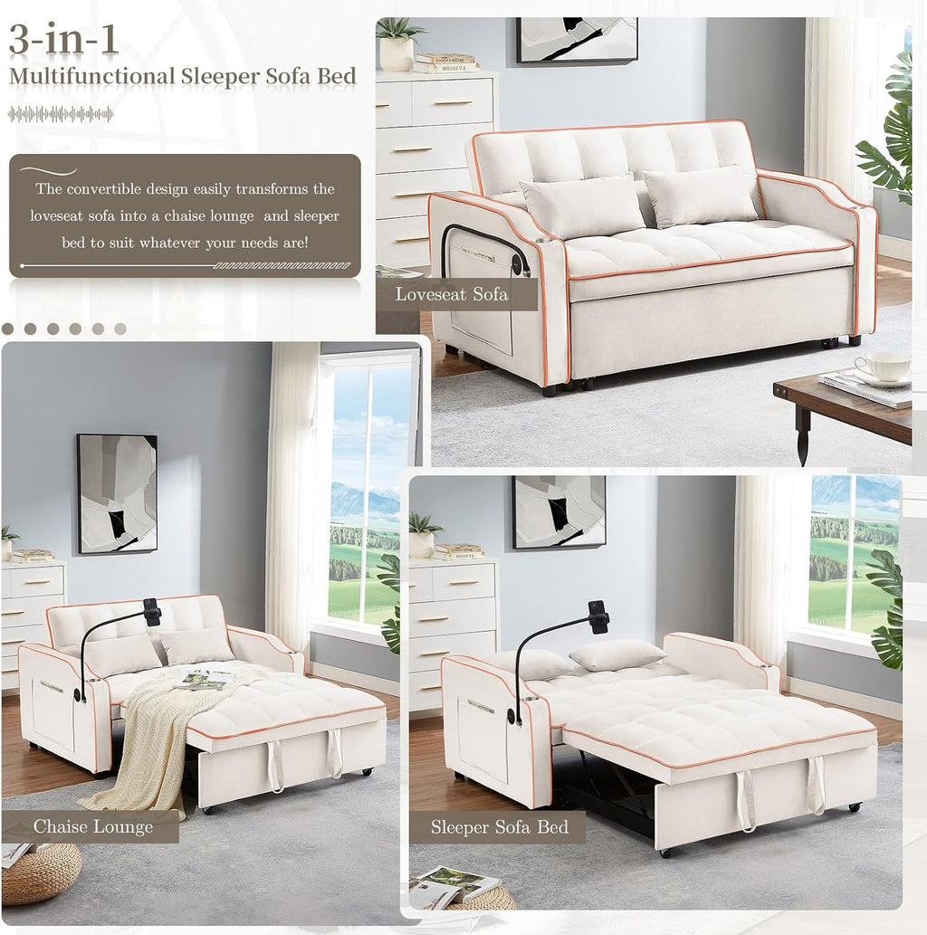 JEEOEHY 3 in 1 Convertible Sleeper Sofa Bed,Velvet Pull Out Couch Bed w USB&Type C Port,Comfy Futon Loveseat w Adjustable Backrest&Phone Stand&Cup Holder for Living Room Apartment Small Space(Beige)