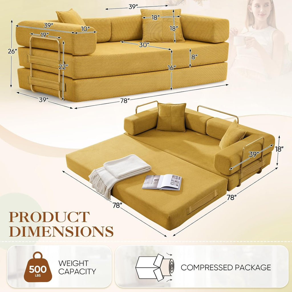 Antetek 78' Convertible Futon Sofa Bed, 3-Seater Modern Corduroy Foam Floor King Size Bed Foldable Sleeper Lounge Loveseat Sofa Couch with 2 Throw Pillows for Living Room Bedroom Guest Room, Yellow