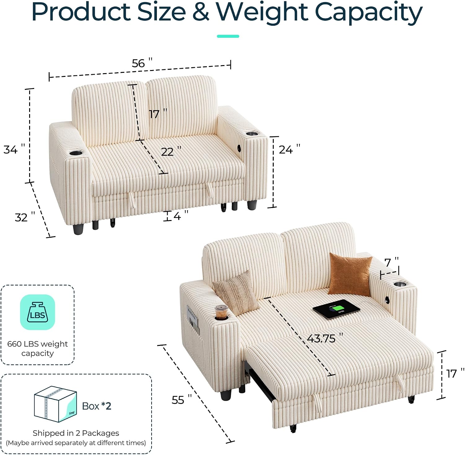 LINSY HOME Sectional Sleeper Sofa with Pull Out Couch Bed for Living Room (Beige) | Plush Corduroy, Storage Ottoman, Storage Chaise, Pull Out Couch, USB Charging