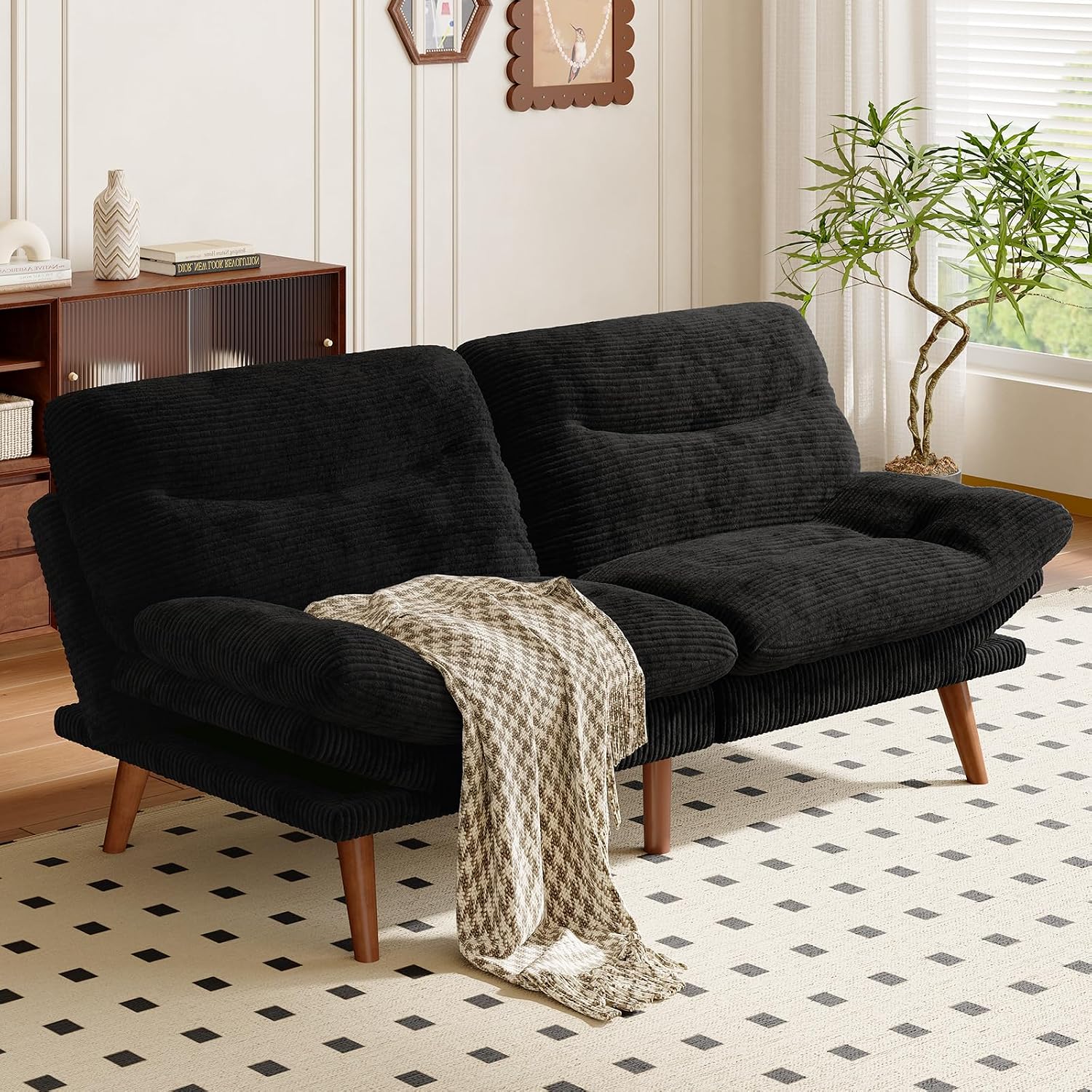 66″Futon Sofa Bed,3-in-1 Futon Couch w/Adjustable Backrest & Armrests, Convertible Sleeper Sofa Bed, Small Folding Sleeper Recliner w/Removable Cushion for Apartment, Living Room,Office (66in,Black)