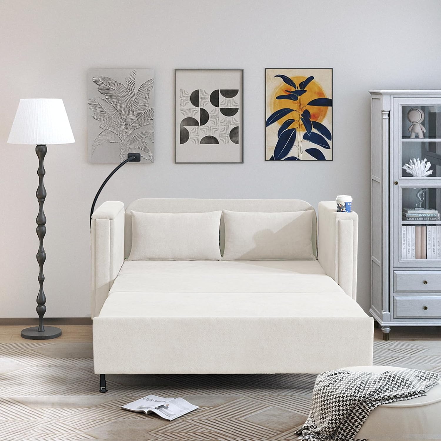 3-in-1 Convertible Sleeper Sofa Couch with Pullout Bed, Loveseat Sleeper Sofa Bed with Hidden Side Table, 56' Full Size Folding Futon Couch for Living Room Guest Room Apartment Home Office (Beige)