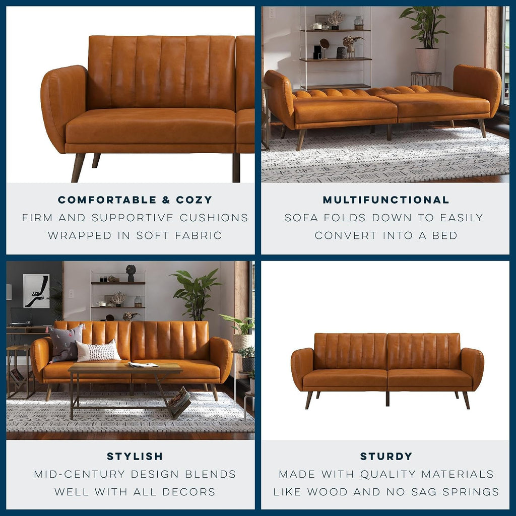Novogratz Brittany Futon Sofa Bed and Couch Sleeper, Camel Faux Leather