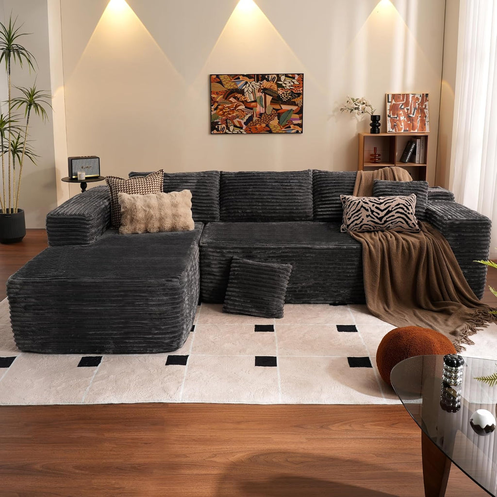 ovios 104' Cloud Boneless Couch with L-Shape Chaise,Modern Sectional Modular Sofa with Deep Seat, Upholstered Couches for Living Room Bedroom,No Assembly Required, Grey (Plush Corduroy Fabric)