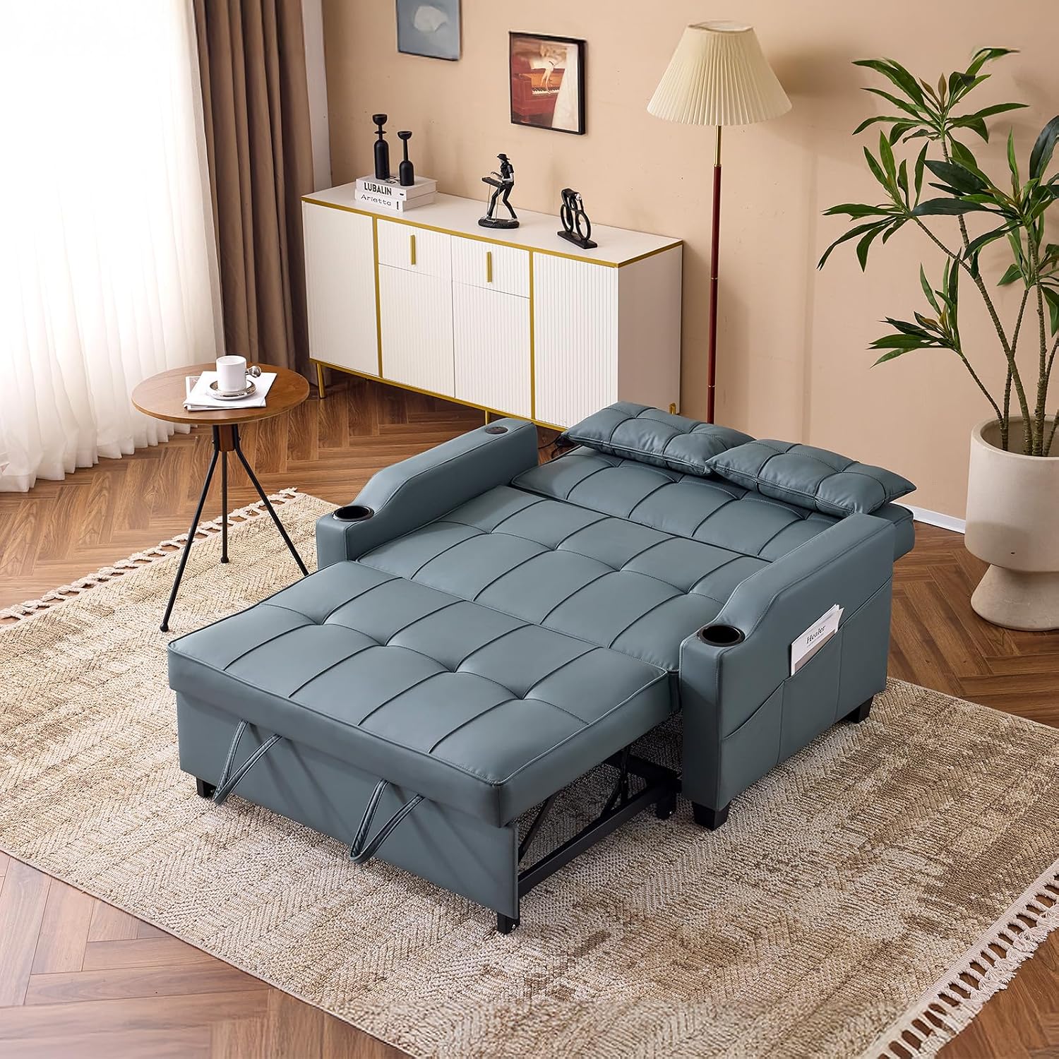 VINGLI Futon Sofa Bed Convertible Loveseat Sleeper Couch, Blue Grey Faux Leather Pull Out Couch Bed with USB Ports, Cup Holders, Armrest for Living Room, Bedroom Apartment Room