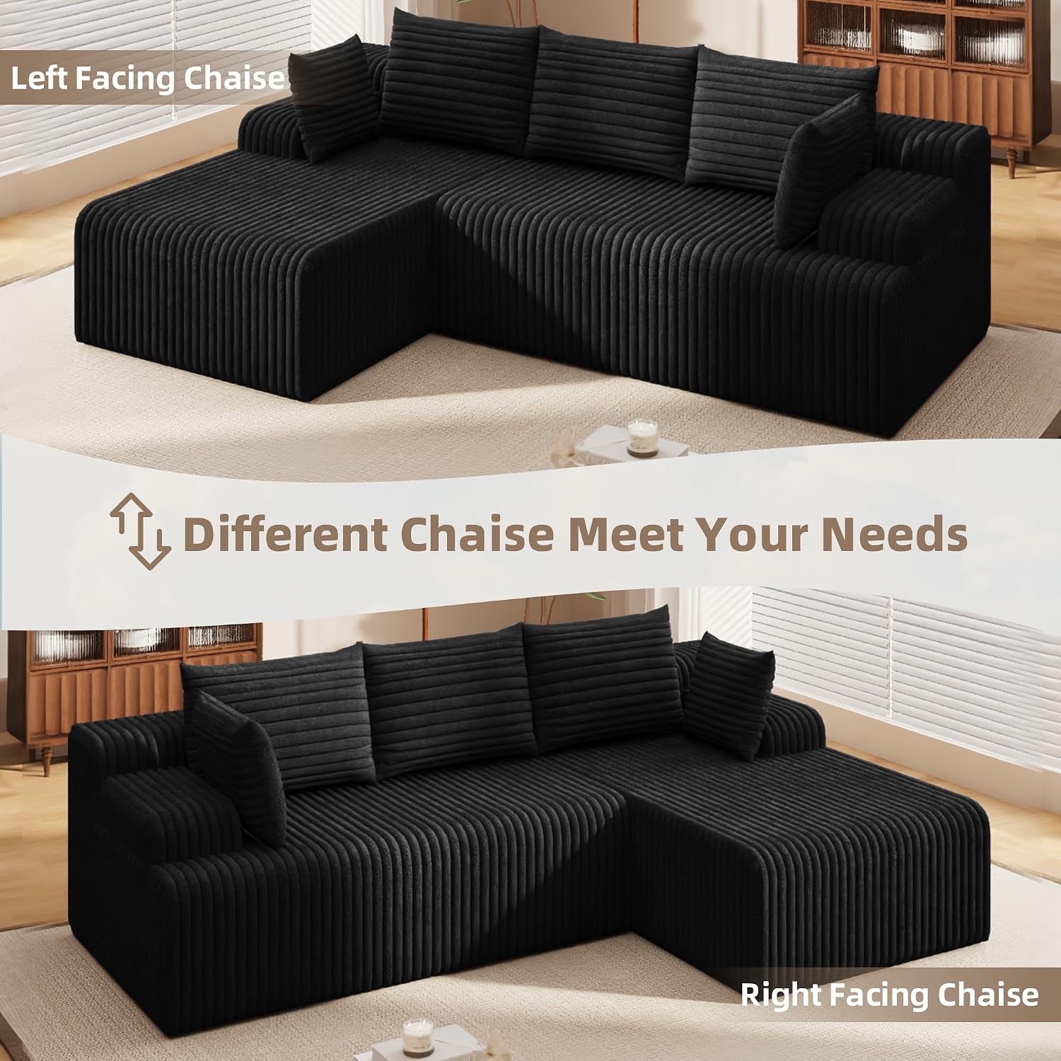 2026 New Boneless Couch, No Assembly Cloud Couch Sectional with Deep Seat & Chaise for Small Spaces, Upholstered Boneless Sectional Couch for Living Room, L Shaped Couch with Left Facing Chaise, Black