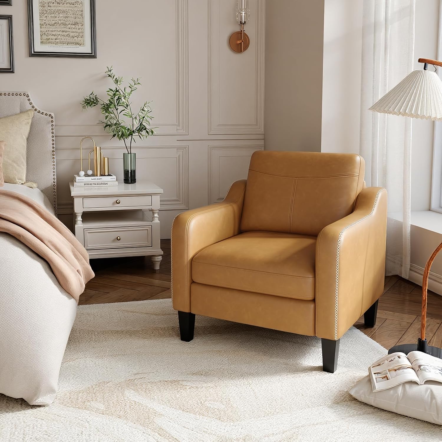 MALOL PU Leather Accent Chair Set of 2, Mid-Century Modern Living Room Armchair Sofa with Removable Cushions, Solid Wood Frame & Stitched Armrest Design, Bedroom Chair with Plastic Legs, Brown