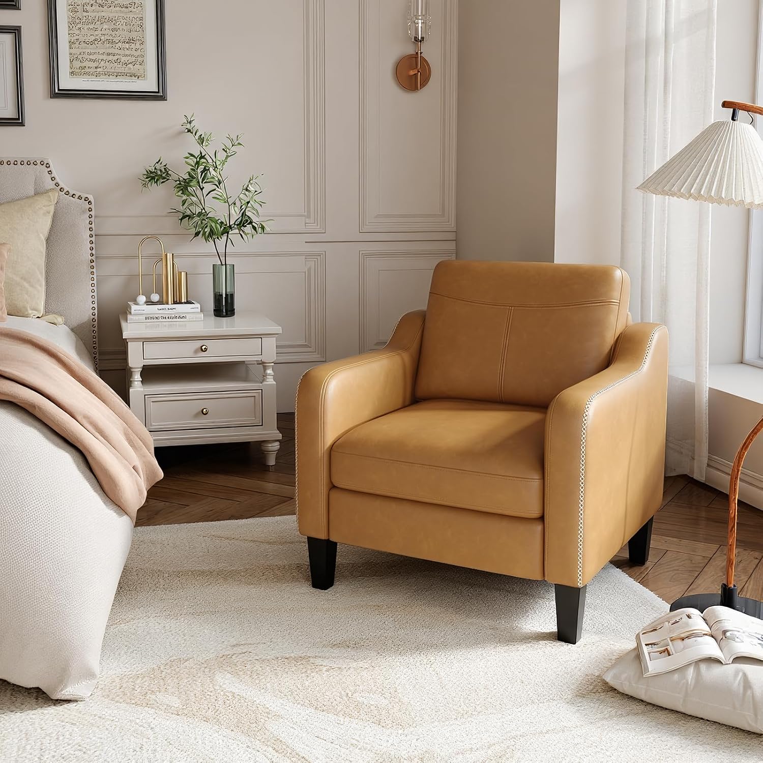 MALOL PU Leather Accent Chair, Mid-Century Modern Living Room Armchair Sofa with Removable Cushions, Solid Wood Frame & Stitched Armrest Design, Bedroom Chair with Plastic Legs, Brown