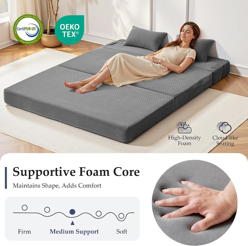 Youzi Folding Sofa Bed Convertible Sleeper Chair with Pillow, 4-in-1 Foldable Mattress Futon Couch Bed to Lounge Chair for Living Room, Bedroom, Dorm & Guest, Washable Cover, Dark Gray, Queen