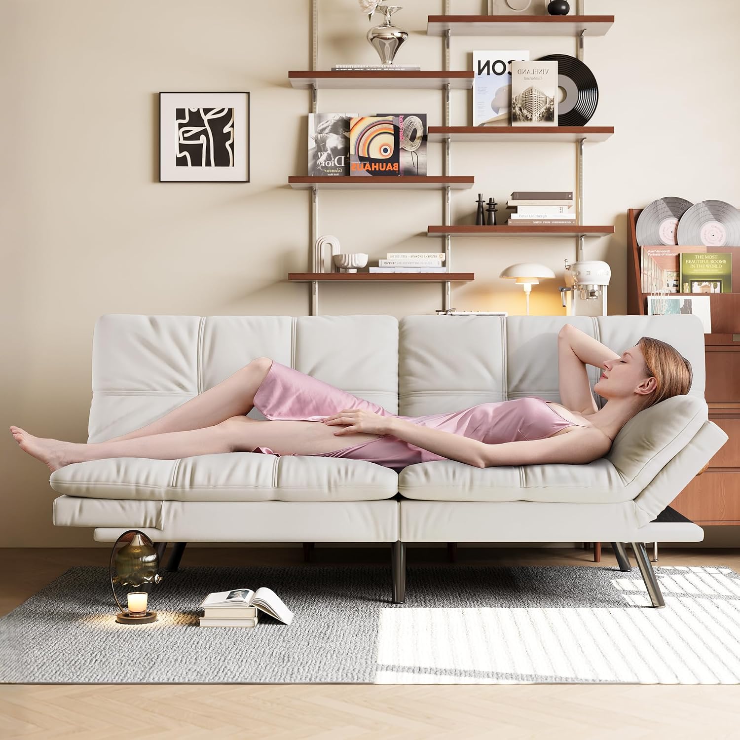 Opoiar 71' L Covertible Futon Sofa Bed,Faux Leather Futon Couch, Memory Foam Modern Loveseat Sleeper, Small Splitback Sofa Couches for Living Room,RV,Home Office,Apartment,White
