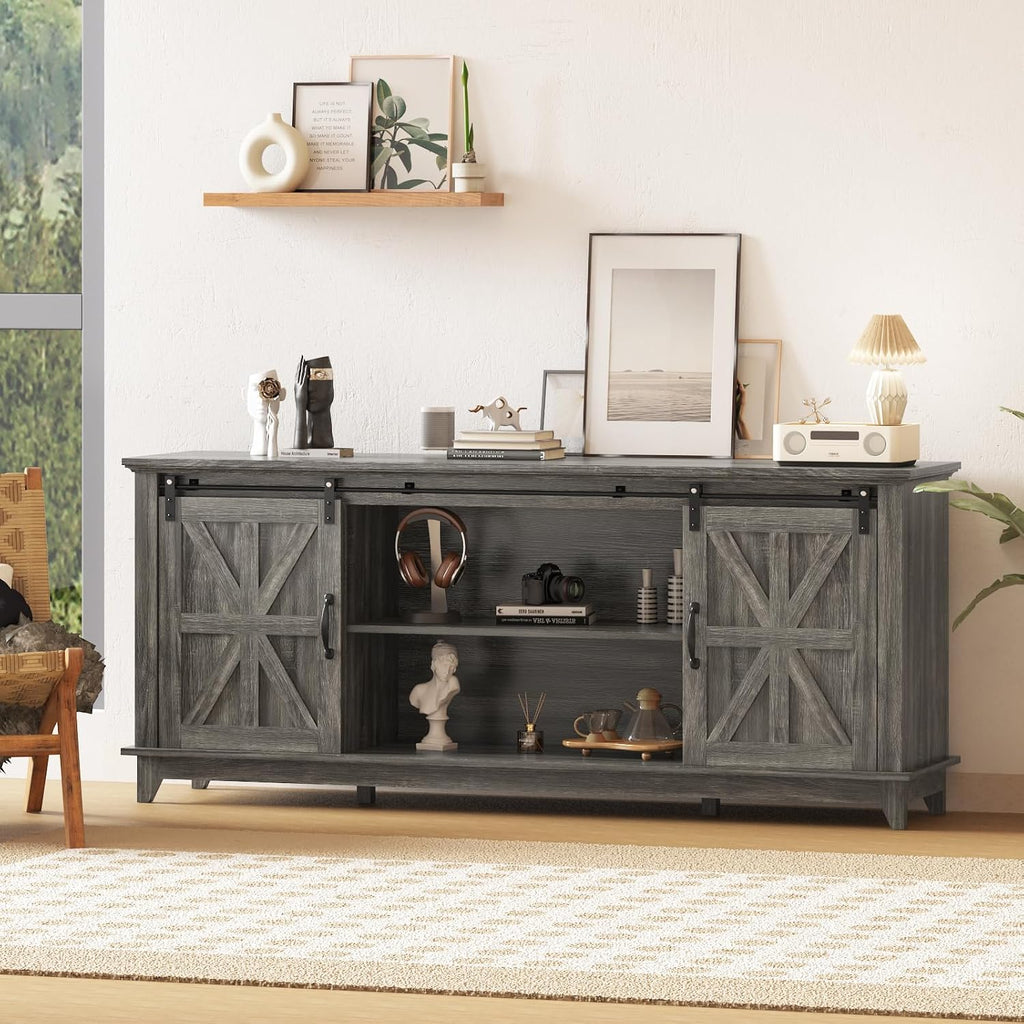 GarveeLife 66 in Farmhouse Sideboard Buffet Cabinet with Power Outlets, Entertainment Center with Sliding Barn Door & Large Storage Cabinets w/Adjustable Shelf, 28 in Tall TV Media Console, Dark Grey
