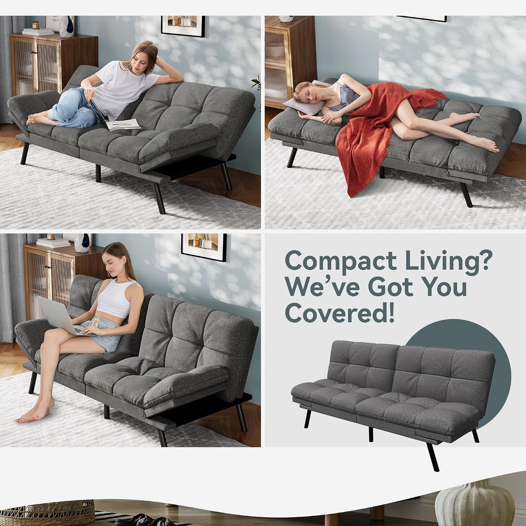 Vyfipt Convertible Futon Sofa Bed, Grey Linen Futon Couch with Adjustable Backrest & Armrests, Folding Small Recliner Sleeper Sofa Bed for Living Room, Apartment, Office