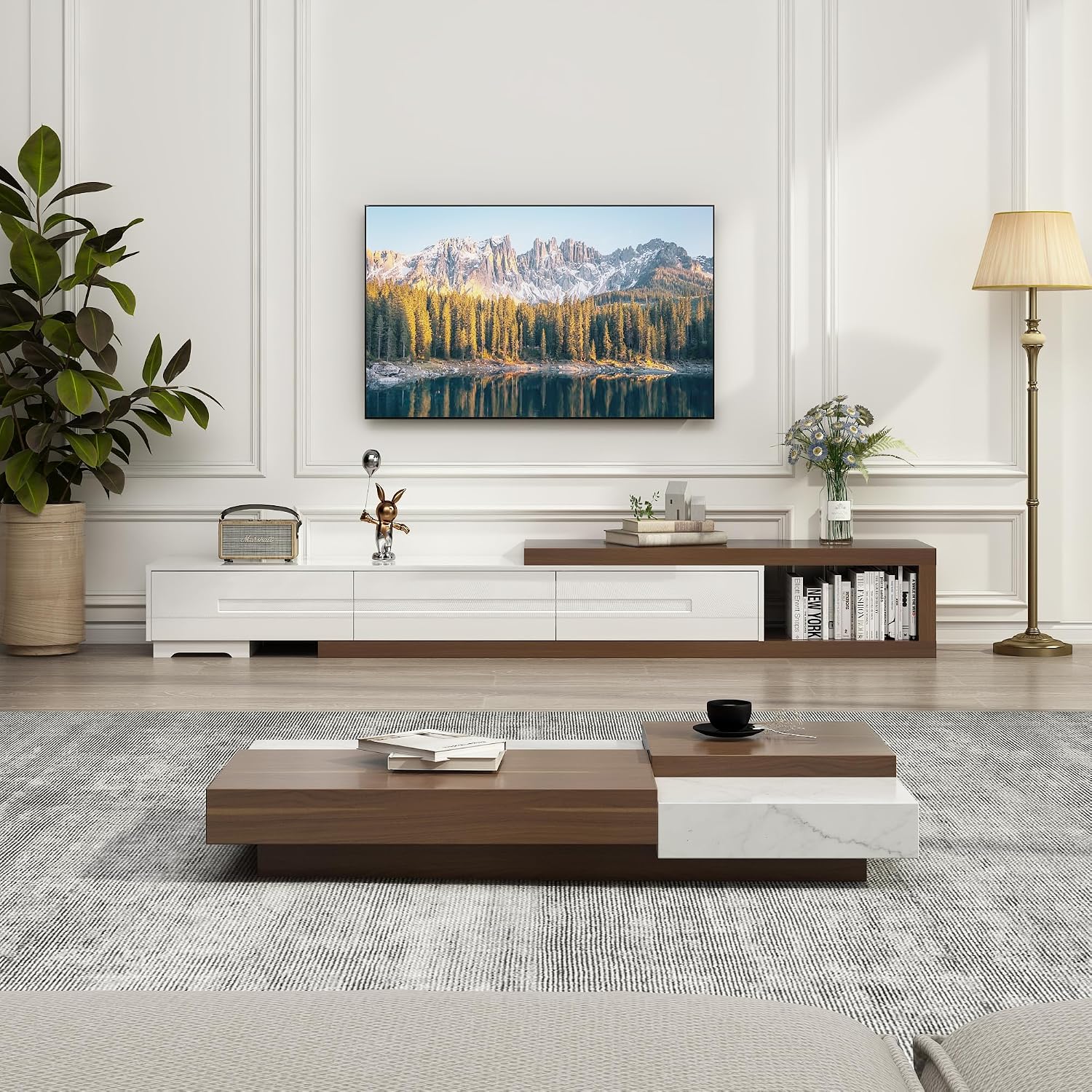 Hlivelood Extendable TV Stand, Modern Entertainment Center for Up to 120 Inch TV, Wood Reversible TV Media Console with 3 Drawers for Living Room Bedroom, 82-110'(White& Walnut)