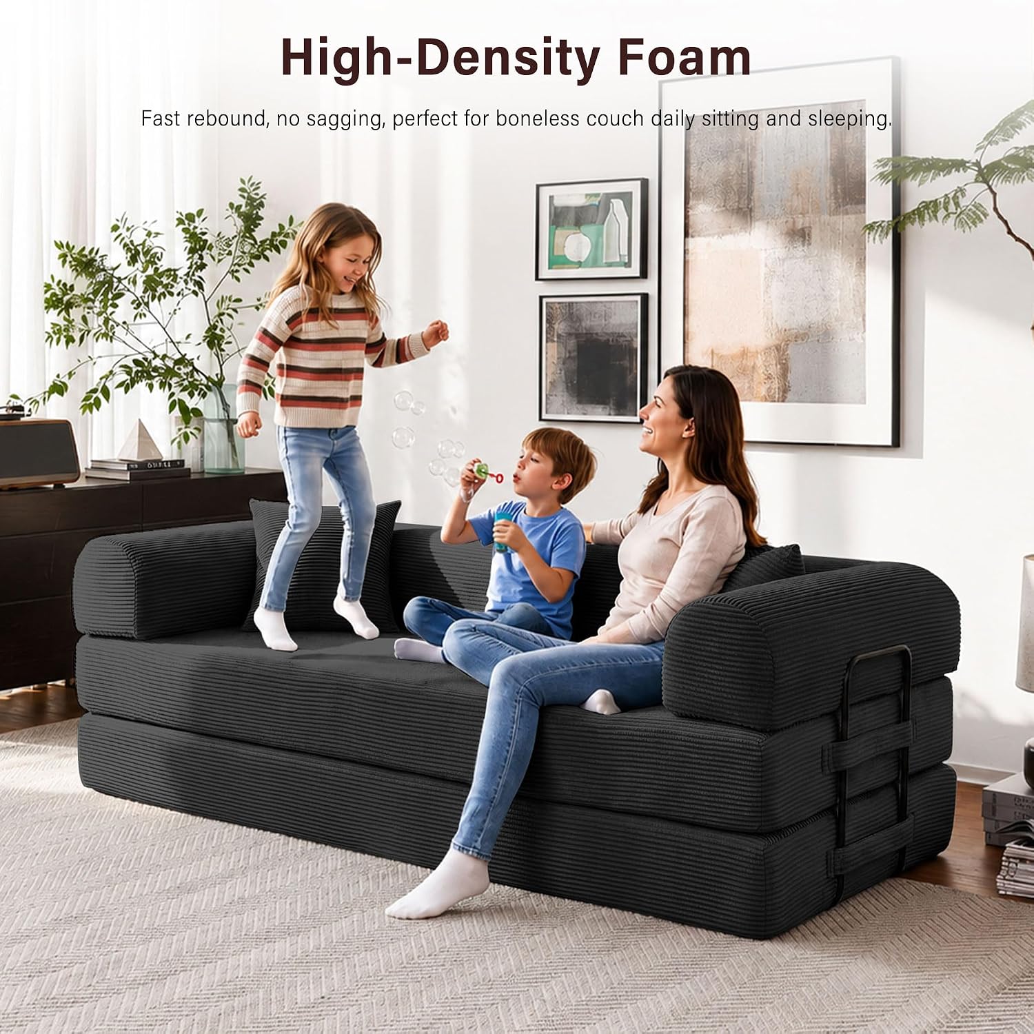 79' Convertible Sofa Bed, 5-in-1 Corduroy Boneless Couch Bed Sofa Pull Out, Memory Foam Couch, No Assembly Futon Couches for Living Room (Black)
