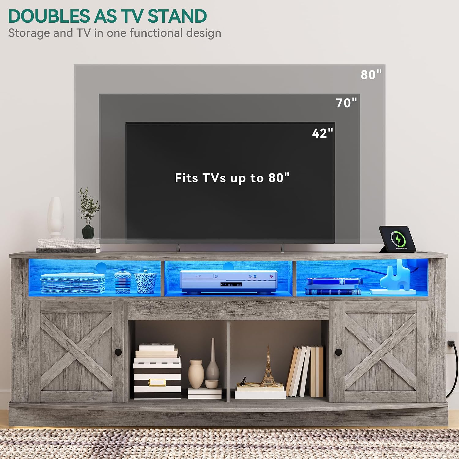 YITAHOME TV Stand for 75/80 Inch TV, Light Rustic Grey Entertainment Center 70 Inches Wide, Media Furniture TV Table with with Power Outlet, TV Consoles for Living Room, Curved Desktop