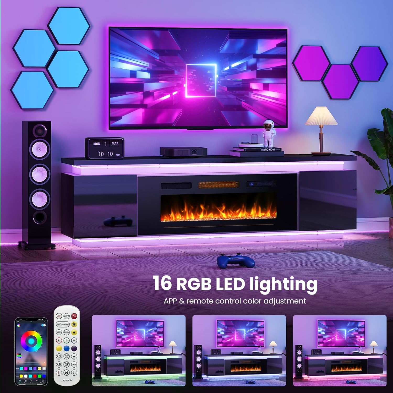 Lamtor Fireplace TV-Stand with 40' Fireplace - 2 LED Light TV-Stand for 85 inch TVs - Entertainment Center with 4 AC Power Outlets - 2 Tier TV Consoles Stand for Living Room, Black