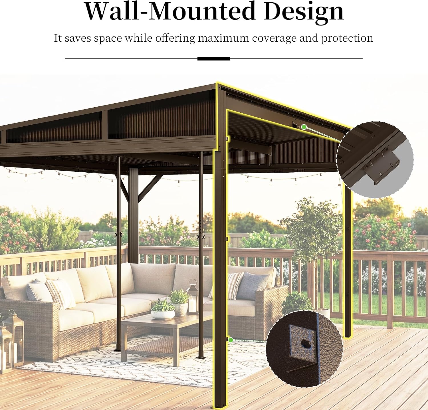 DOMI 12x16FT Lean to Gazebo, Outdoor Hardtop Wall Mounted Gazebo with Sloping Galvanized Steel Roof, Durable Aluminum Frame, Netting Curtain for Deck, Porch, Backyard