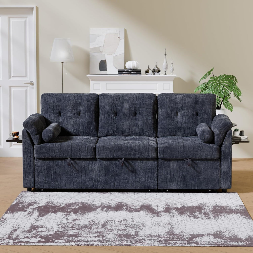 Convertible Sleeper Sofa Bed, 63 Inch Chenille Pull Out Couch with Side Table & Adjustable Backrest, Sectional Sleeper Sofa with Pull Out Bed for Living Room, Apartment, Blue