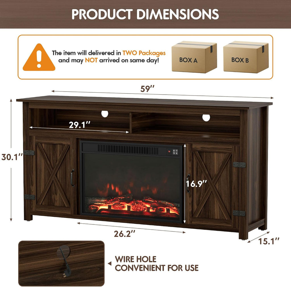 YESHOMY Fireplace TV Stand for Television up to 65+ Inch with Storage and Farmhouse Barn Doors, Entertainment Center with Cabinet and Shelves, Media Console for Living Room, Walnut