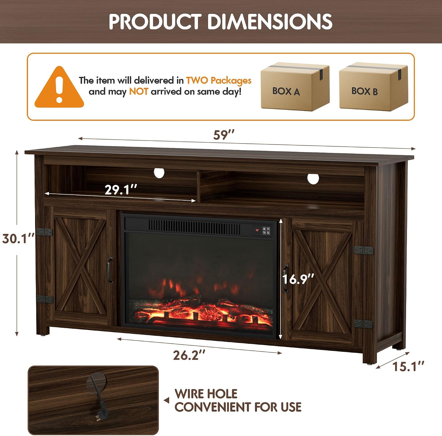 YESHOMY Fireplace TV Stand for Television up to 65+ Inch with Storage and Farmhouse Barn Doors, Entertainment Center with Cabinet and Shelves, Media Console for Living Room, Walnut