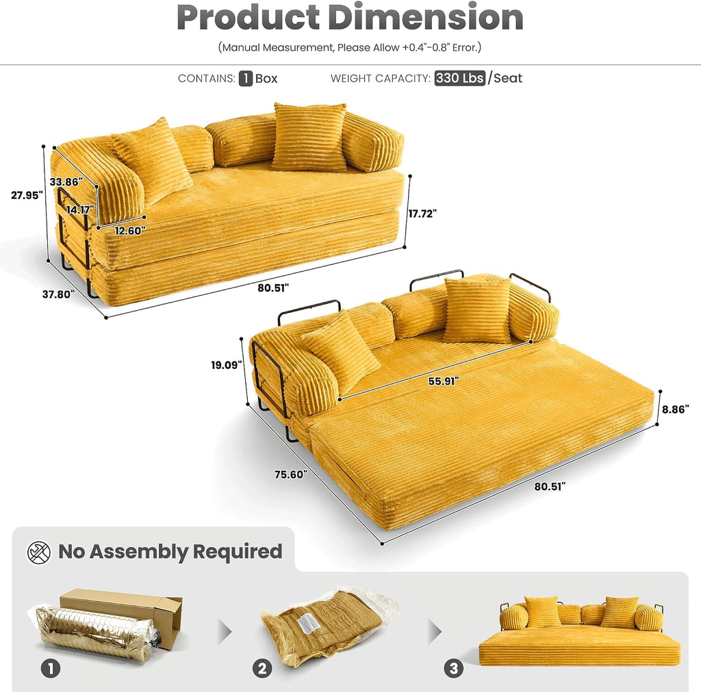 ovios 81' Folding Sofa Bed, Foldable Sleeper Boneless Couch with Pull Out Beds, Modular Convertible Floor Futon Loveseat Lounger for Living Room (Faux Fur, Yellow)