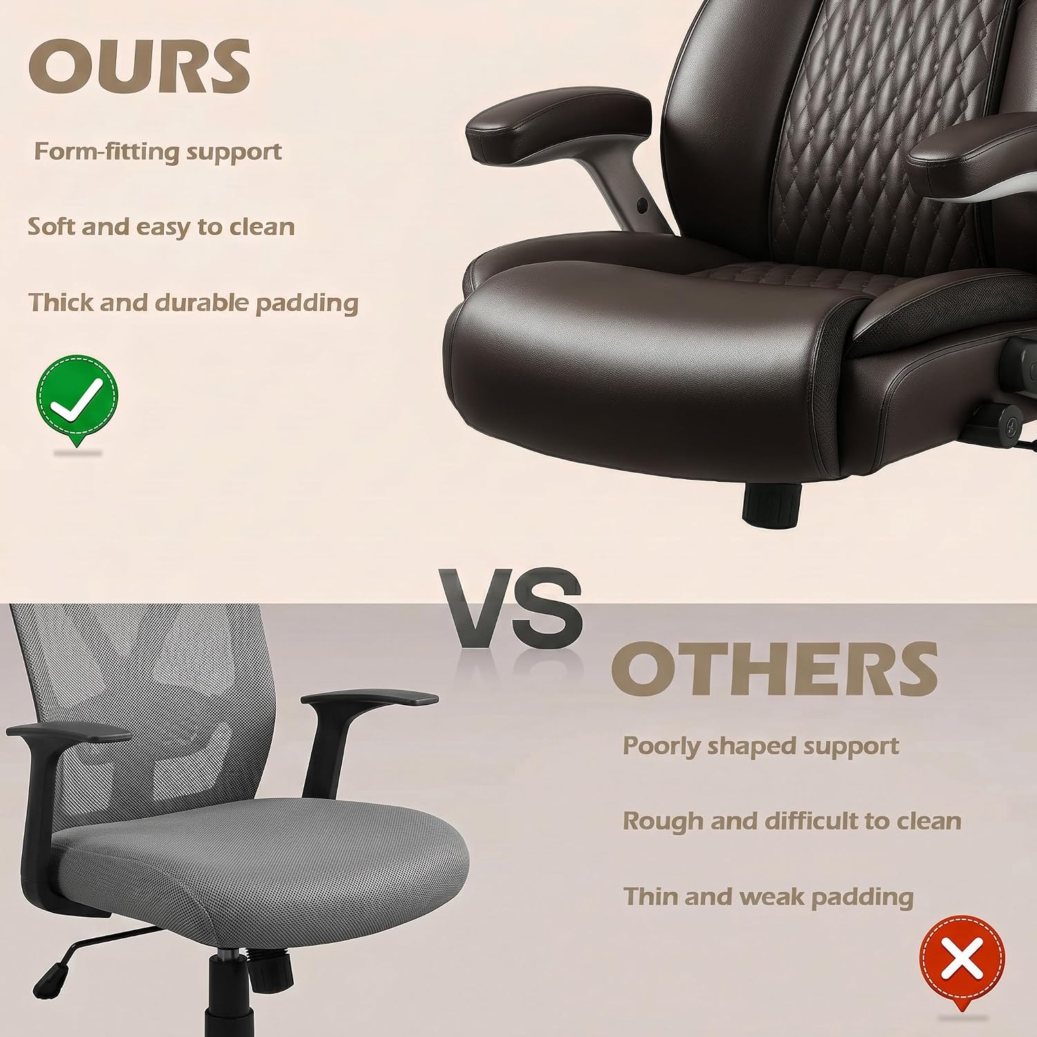 Lembeir 600lbs Big and Tall Office Chair with Flip up Armrest, Heavy Duty Executive Office Chair for Heavy People, High Back Computer Chair with Adjustable Lumbar Support,Brown