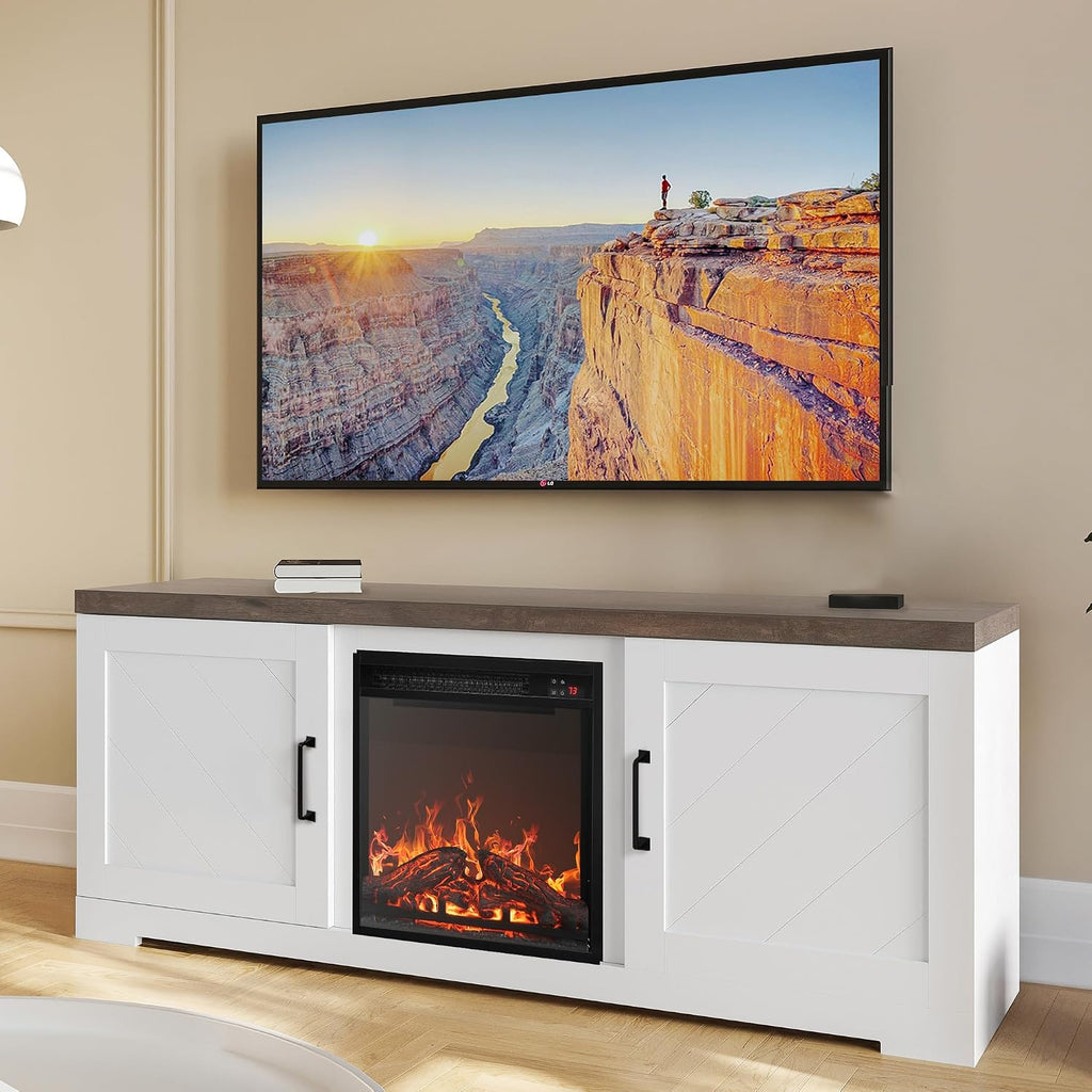 BELLEZE Modern 58' Farmhouse TV Stand with 18' Electric Fireplace Heater & Media Entertainment Center for TV up to 65', Console Table with Storage Cabinets - Hilo (White)