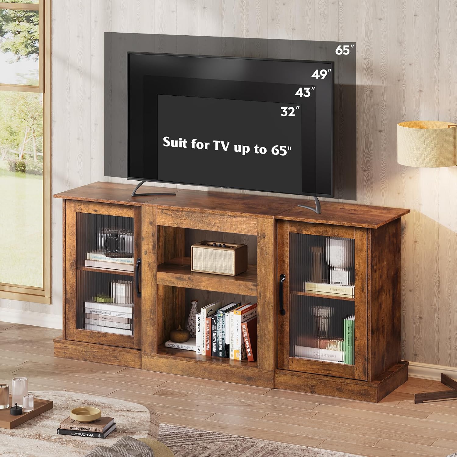 WLIVE Farmhouse TV Stand for 65 inch TV, 58' Entertainment Center with Storage Cabinets, Open Shelves TV Console for Living Room and Bedroom, Rustic Brown