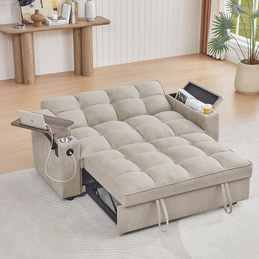 65' Cloud Couch Sleeper Sofa Bed with USB Charging Port & Side Pocket, Chenille Fabric Pull-Out Sofa with Thick Cushions, High Resilience Foam & Pillows for Living Room, Apartment, Small Spaces