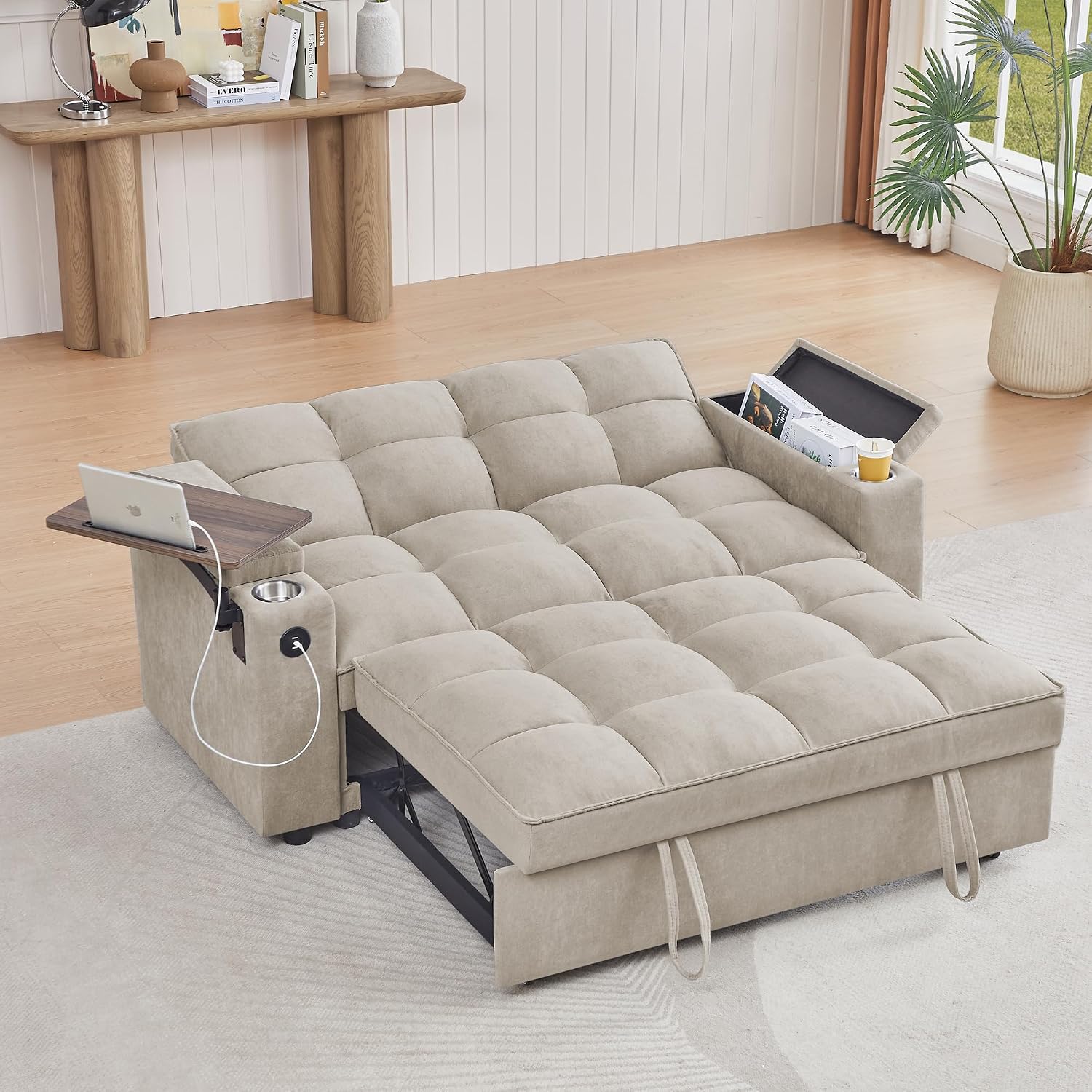 65' Cloud Couch Sleeper Sofa Bed with USB Charging Port & Side Pocket, Chenille Fabric Pull-Out Sofa with Thick Cushions, High Resilience Foam & Pillows for Living Room, Apartment, Small Spaces