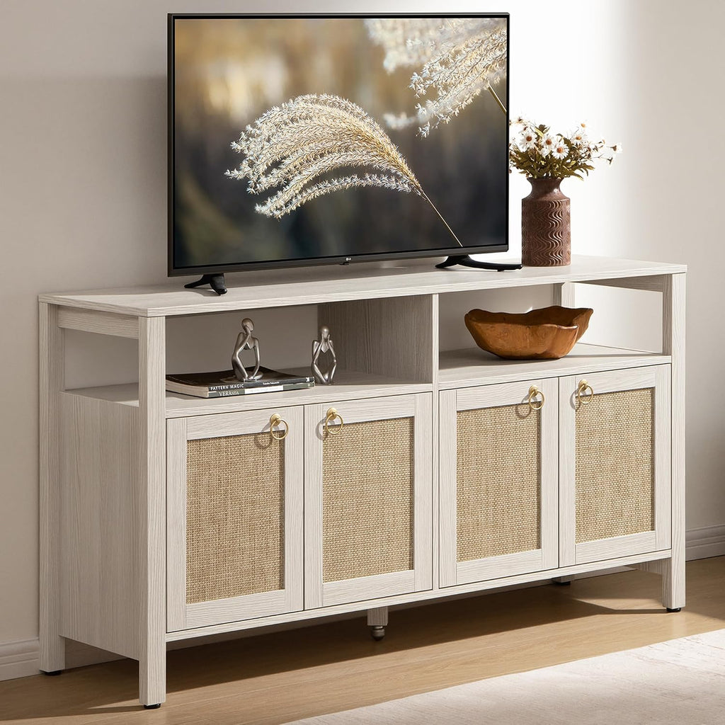 SICOTAS Rattan TV Stand for Television up to 65 Inch - 29.5' Tall Entertainment Center with Storage and Open Shelves,Boho Credenza TV Console Cabinet with 4-Doors and Adjustable Shelf for Living Room