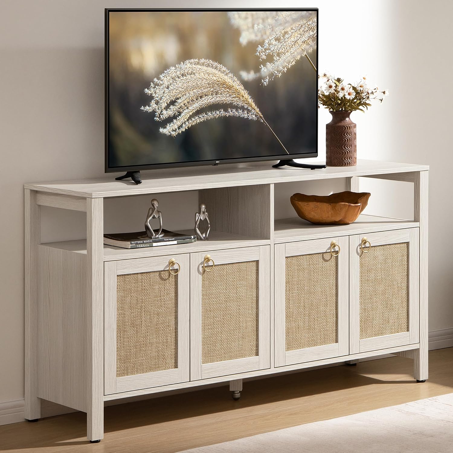 SICOTAS Rattan TV Stand for Television up to 65 Inch - 29.5' Tall Entertainment Center with Storage and Open Shelves,Boho Credenza TV Console Cabinet with 4-Doors and Adjustable Shelf for Living Room