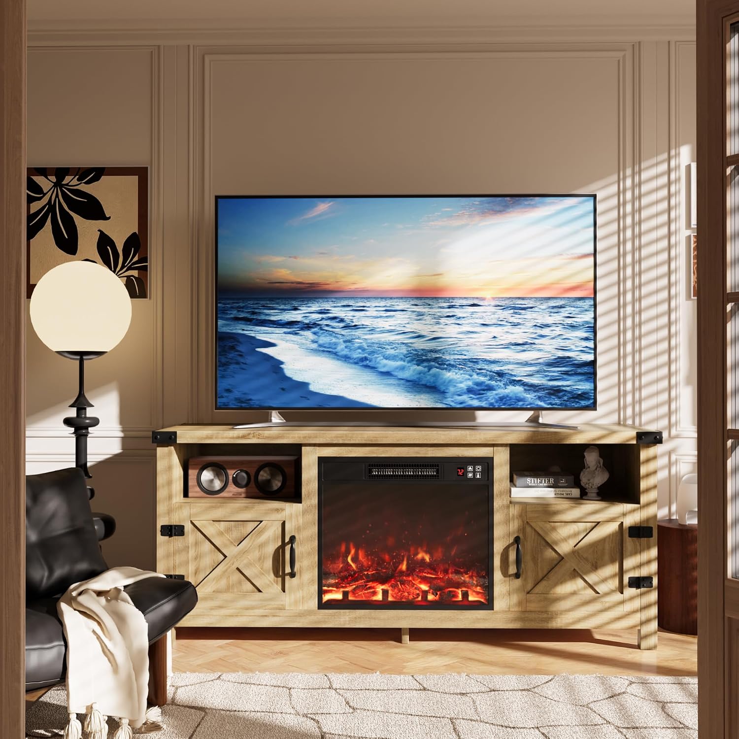 Furmax Entertainment Center with Fireplace, Fireplace TV Stand with Storage Cabinets and 2 Open Shelves, Modern Media TV Console for Living Room (Light Oak)