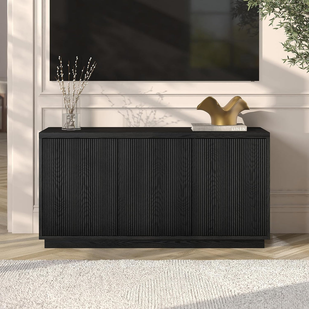 Henn&Hart Fluted TV Stand for TVs up to 55' with 3 Swing Out Ribbed Doors and Adjustable Shelves for Living Room, Family Room, or Office, Natural Black