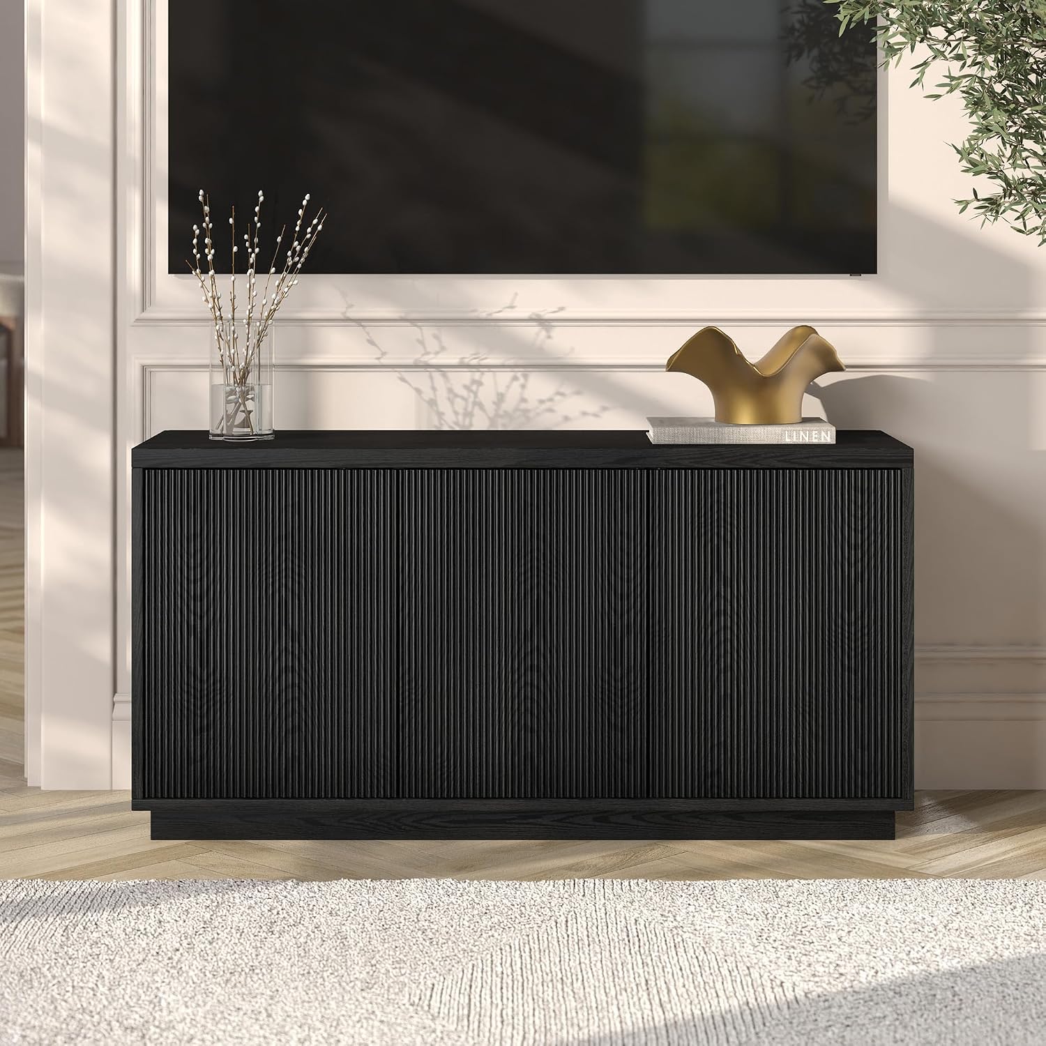 Henn&Hart Fluted TV Stand for TVs up to 55' with 3 Swing Out Ribbed Doors and Adjustable Shelves for Living Room, Family Room, or Office, Natural Black