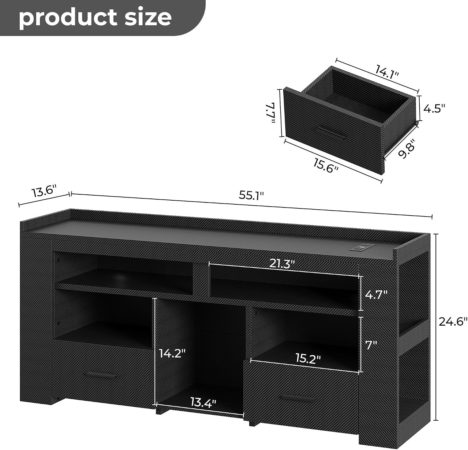 IRONCK TV Stand for 65 Inch TV, Carbon Fiber Entertainment Center with 2 Drawers, Charging Station & RGB LED Light, Gaming Media Console for PS4, Bedroom, Living Room, Black