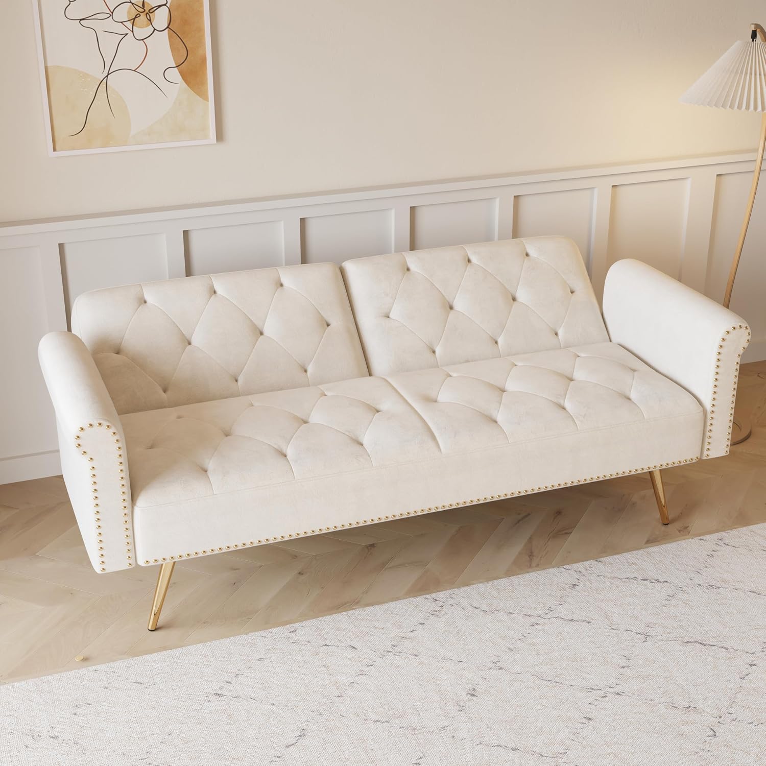ERYE Tufted Futon Sofa Bed Modern Velvet Upholstered Loveseat Sleeper Futon Sofabed with Split Adjustable Backrest, Nailhead Decor and Elegant Golden Legs for Home Apartment RV Office Studio Bedroom
