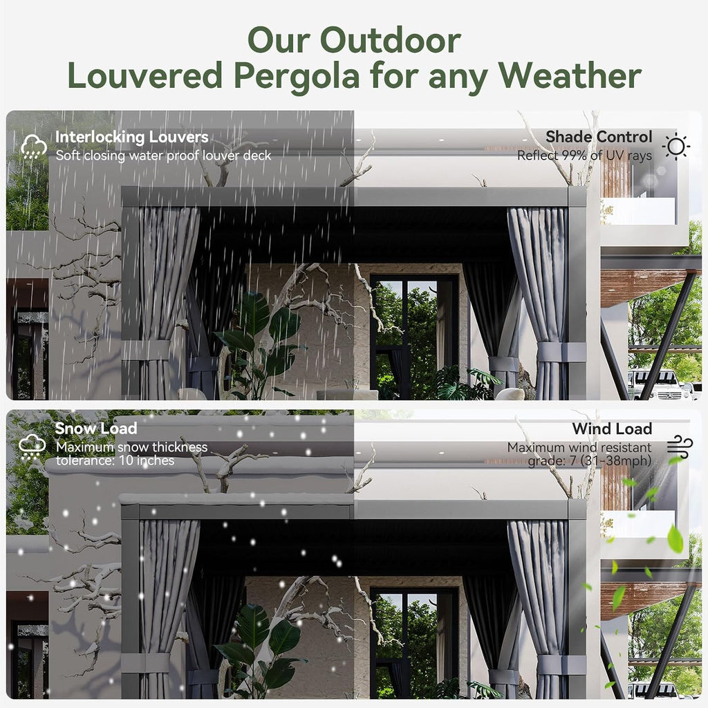 Aoxun Louvered Pergola 10' x 12' Outdoor Aluminum Pergola with Adjustable Louvers and Integrated Drainage System for Decks, Gardens and Backyards, Easy Installation, Gray