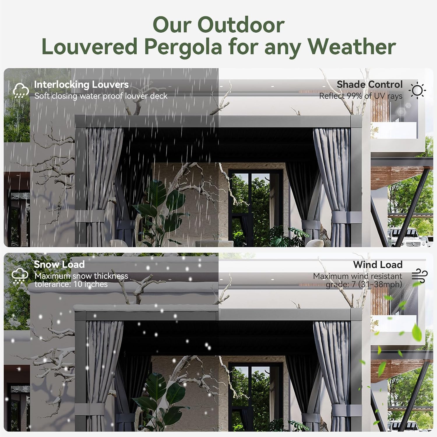Aoxun Louvered Pergola 10' x 12' Outdoor Aluminum Pergola with Adjustable Louvers and Integrated Drainage System for Decks, Gardens and Backyards, Easy Installation, Gray