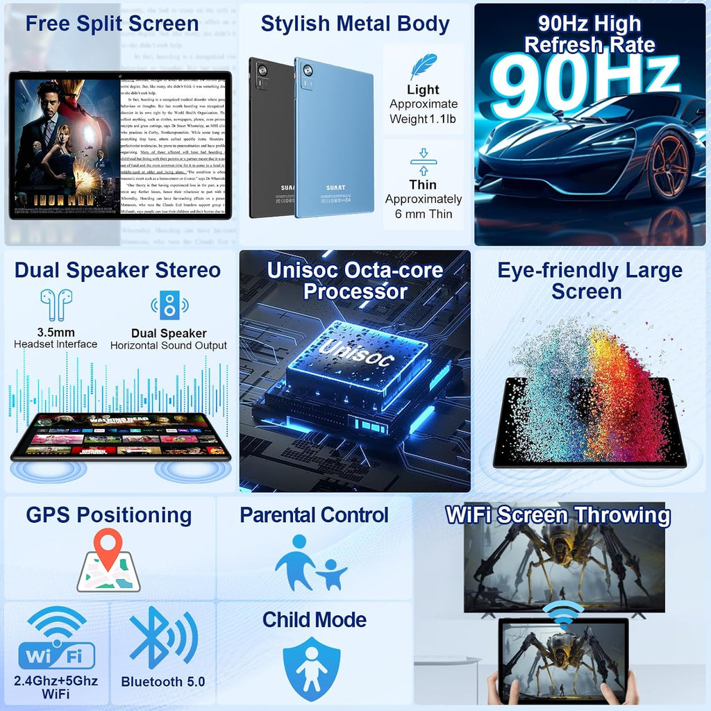 Android 15 Tablet 30GB RAM 128GB ROM 2TB Expand, 10.1 Inch Tablets with Keyboard Mouse, Octa-Core, 8000mAh, HD IPS Display, 5G WiFi BT 5.0 GPS, Widevine L1, Gemini AI, Dual Camera - Blue