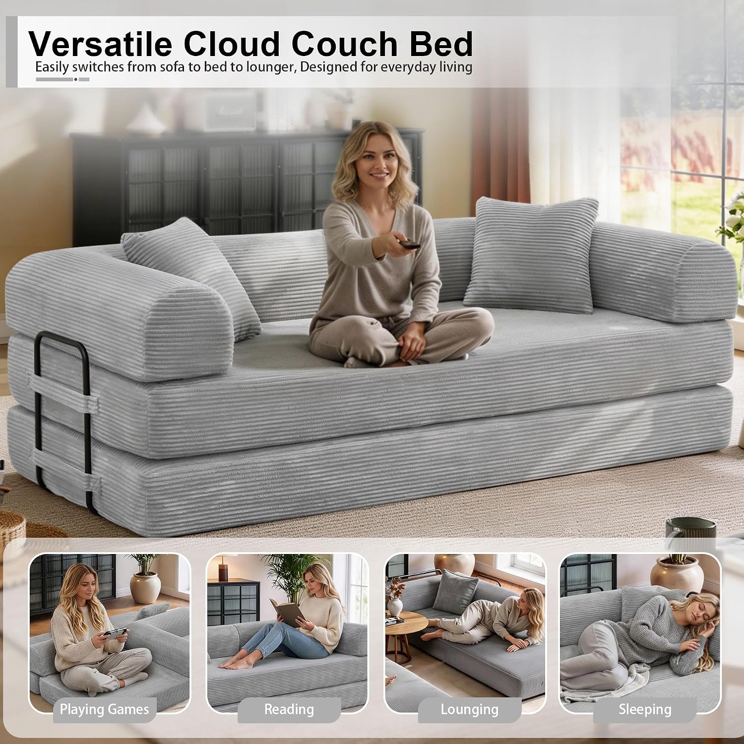 JJJ 89 inch Sofa Bed 4-in-1 Boneless Convertible Corduroy Sleeper Folding Couch with Fixed-Shape Frame and 2 Futons No Assemble Required 3 Seater Upholstered for Living Room (Light Grey, 89 inch)