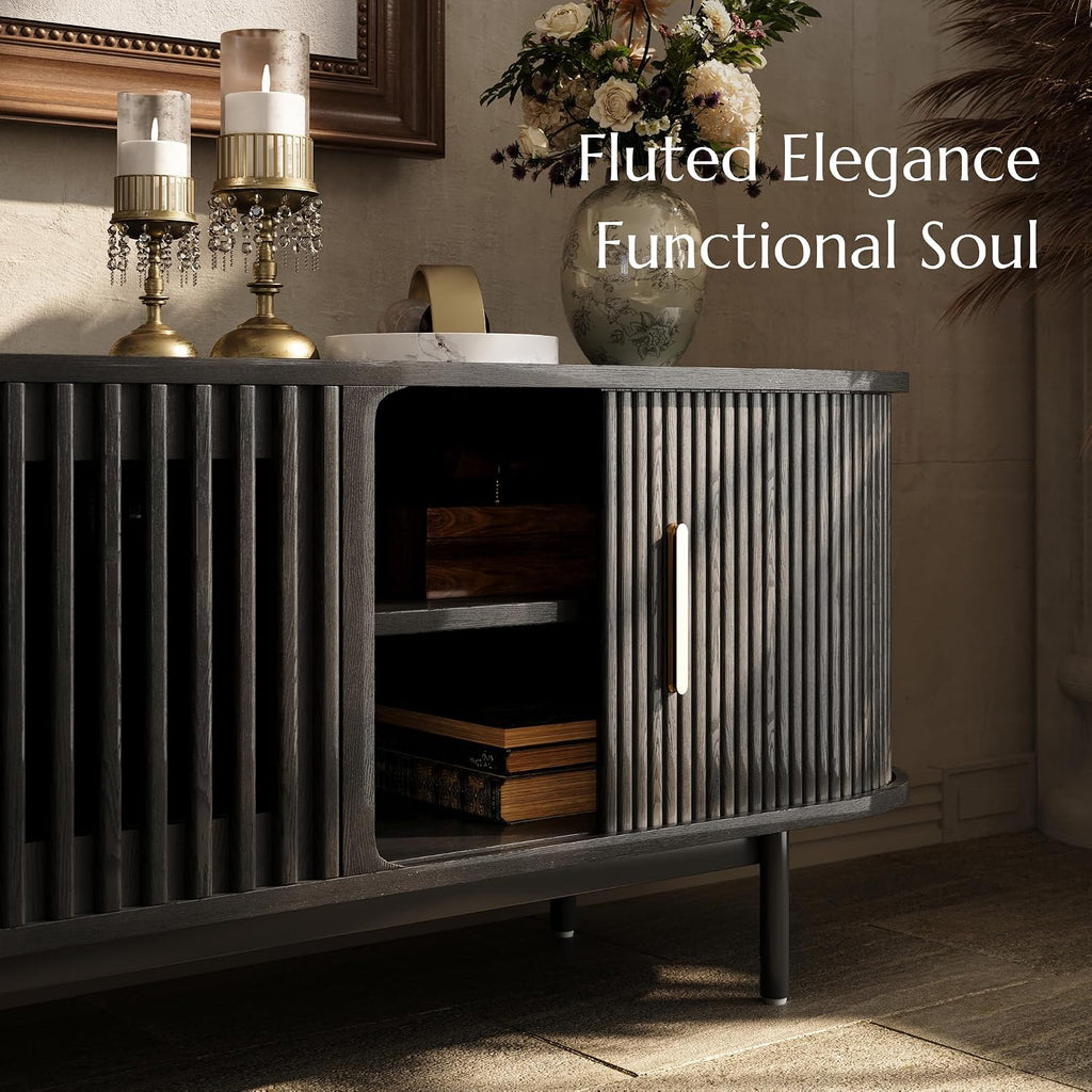 POVISON Fully-Assembled Mid Century Modern TV Stand, Sliding Tambour Door Entertainment Center with Storage, Wood TV Console, Media Console for Living Room Bedroom(Black, 78.74')