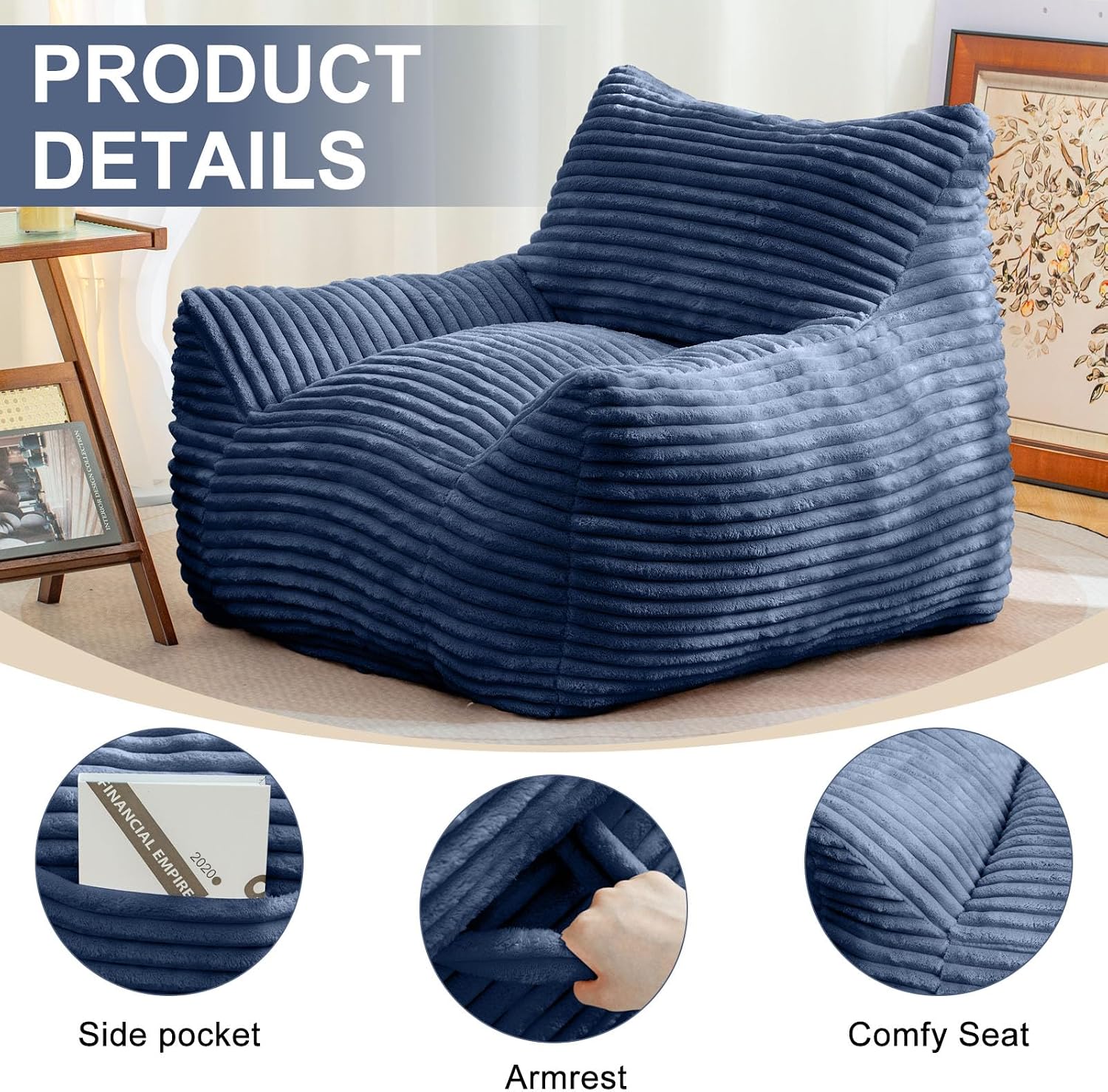 Bean Bag Chair for Adults, Comfy Corduroy Beanbag with Armrests, Lazy Sofa Floor Chair for Living Room, Bedroom, Dorm & Lounge, Cozy Fluffy Single Mini Couch (Blue)