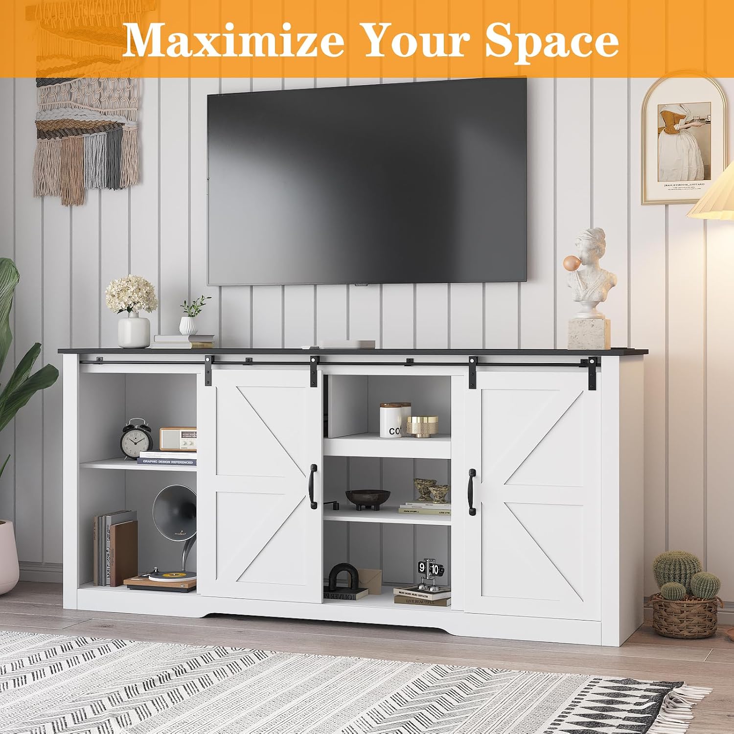 GarveeLife 70 in Farmhouse TV Stand with Power Outlets for Televisions Up to 80 in TVs, Sliding Barn Door & Large Storage Cabinets with Adjustable Shelf, 32 in Tall TV Media Console, White