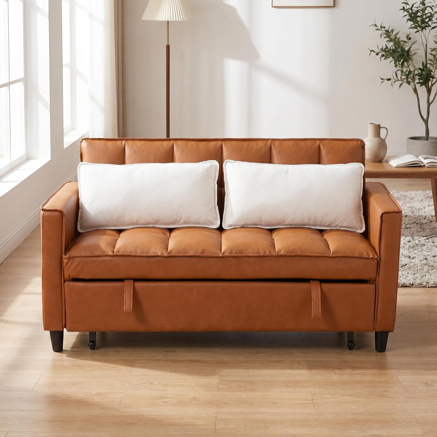 3 in 1 Convertible Sofa Bed, Loveseat Sleeper Sofa with Large Side Pockets, Pull Out Couch with Adjustable Backrest, Easy Assembly, PU Couch Bed for Small Spaces, Apartment, Brown